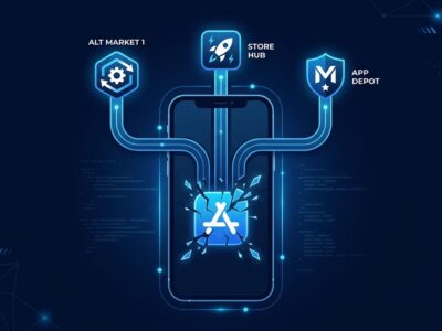 Smartphone with fractured App Store icon splitting into alternative marketplace pathways