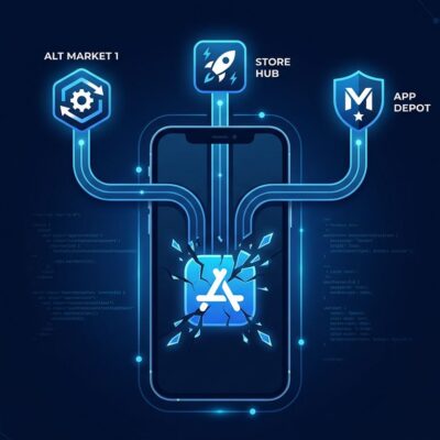 Smartphone with fractured App Store icon splitting into alternative marketplace pathways