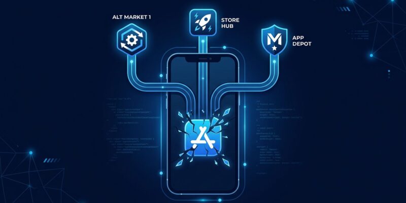 Smartphone with fractured App Store icon splitting into alternative marketplace pathways