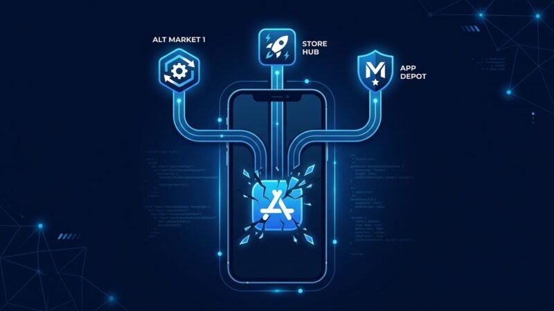 Smartphone with fractured App Store icon splitting into alternative marketplace pathways