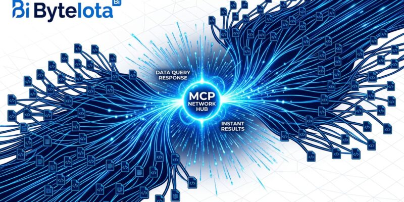 Network graph visualization showing code nodes connected by blue lines flowing into a central MCP hub, representing codebase-memory-mcp knowledge graph architecture