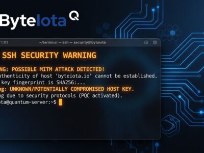 Terminal showing OpenSSH post-quantum key exchange warning with quantum circuit patterns in ByteIota blue