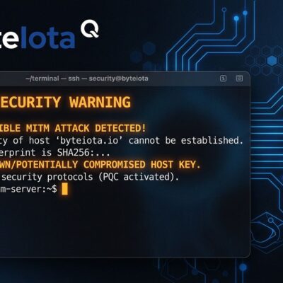Terminal showing OpenSSH post-quantum key exchange warning with quantum circuit patterns in ByteIota blue