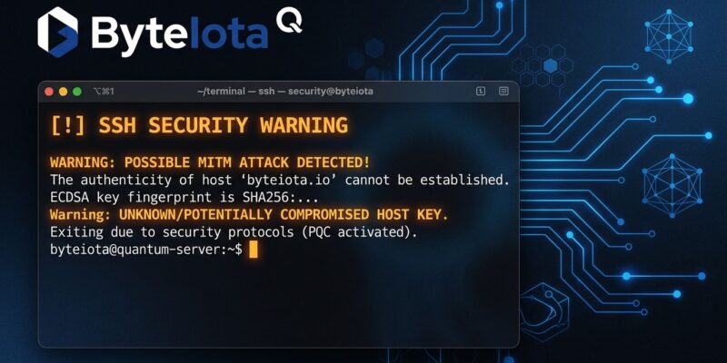 Terminal showing OpenSSH post-quantum key exchange warning with quantum circuit patterns in ByteIota blue