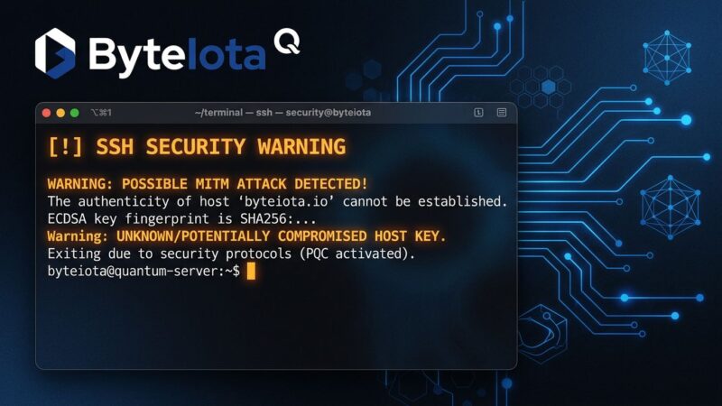 Terminal showing OpenSSH post-quantum key exchange warning with quantum circuit patterns in ByteIota blue