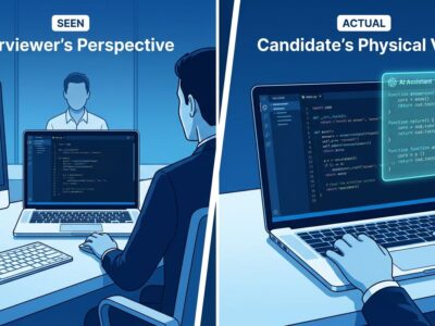 Split-screen illustration showing interviewer view of clean screen versus candidate view with AI overlay assistance