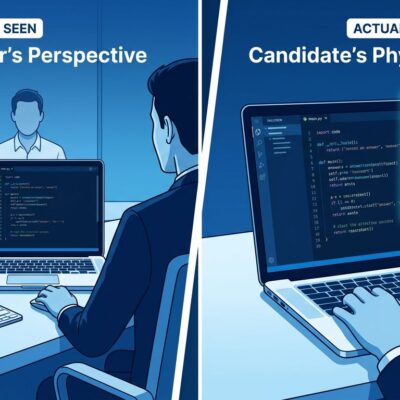 Split-screen illustration showing interviewer view of clean screen versus candidate view with AI overlay assistance
