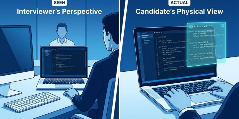 Split-screen illustration showing interviewer view of clean screen versus candidate view with AI overlay assistance
