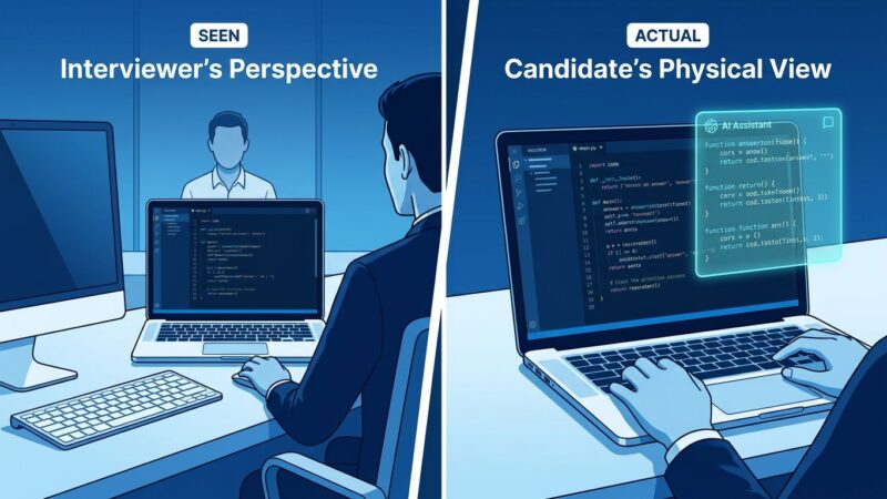 Split-screen illustration showing interviewer view of clean screen versus candidate view with AI overlay assistance