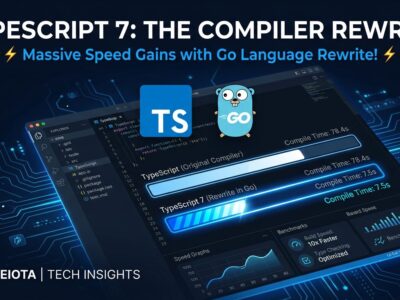 TypeScript 7 compiler rewrite in Go showing speed comparison between tsc and tsgo with blue performance metrics