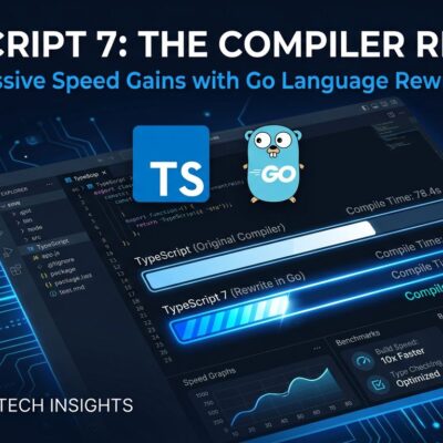 TypeScript 7 compiler rewrite in Go showing speed comparison between tsc and tsgo with blue performance metrics