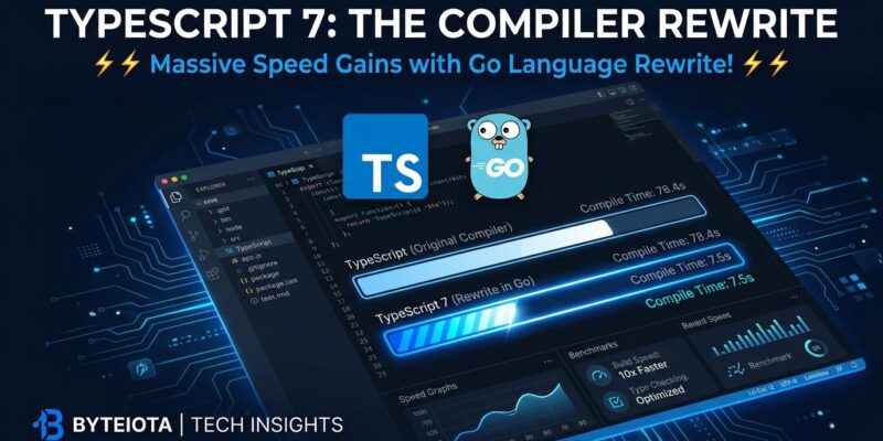TypeScript 7 compiler rewrite in Go showing speed comparison between tsc and tsgo with blue performance metrics