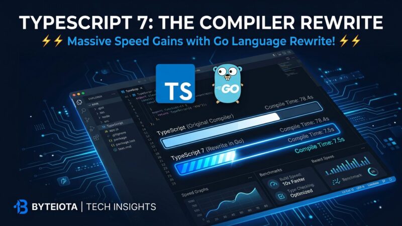 TypeScript 7 compiler rewrite in Go showing speed comparison between tsc and tsgo with blue performance metrics