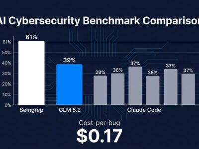 Bar chart comparing GLM 5.2 vs Claude Code IDOR vulnerability detection F1 scores, with GLM 5.2 scoring 39% against Claude Code 28-37%