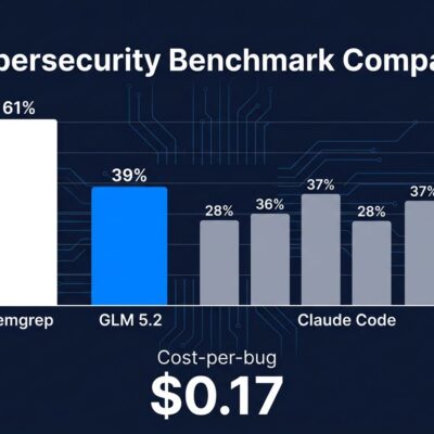 Bar chart comparing GLM 5.2 vs Claude Code IDOR vulnerability detection F1 scores, with GLM 5.2 scoring 39% against Claude Code 28-37%