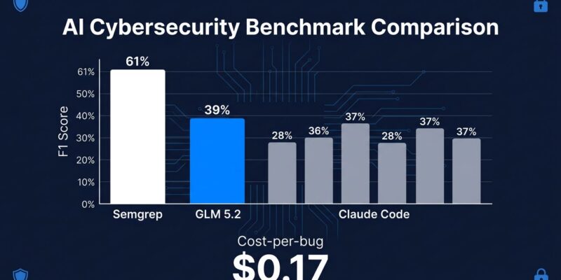 Bar chart comparing GLM 5.2 vs Claude Code IDOR vulnerability detection F1 scores, with GLM 5.2 scoring 39% against Claude Code 28-37%