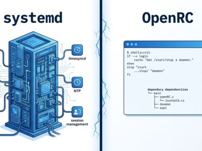 Split-screen comparison of systemd monolithic architecture versus OpenRC minimal init system on Linux