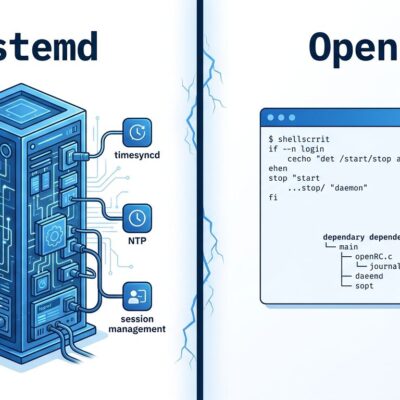 Split-screen comparison of systemd monolithic architecture versus OpenRC minimal init system on Linux
