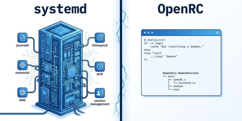 Split-screen comparison of systemd monolithic architecture versus OpenRC minimal init system on Linux