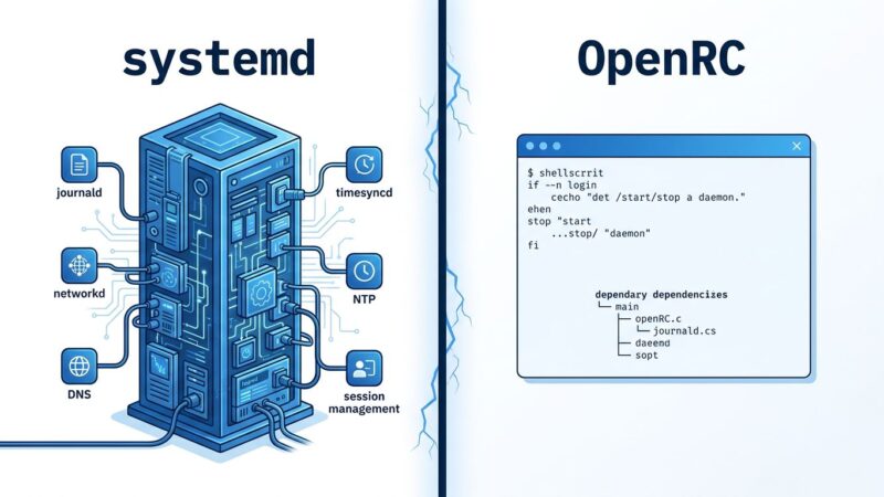 Split-screen comparison of systemd monolithic architecture versus OpenRC minimal init system on Linux