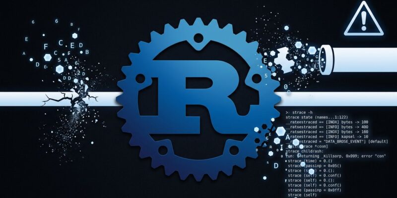 Rust gear logo with broken data pipe showing missing bytes, representing the hyper HTTP library race condition bug discovered by Cloudflare