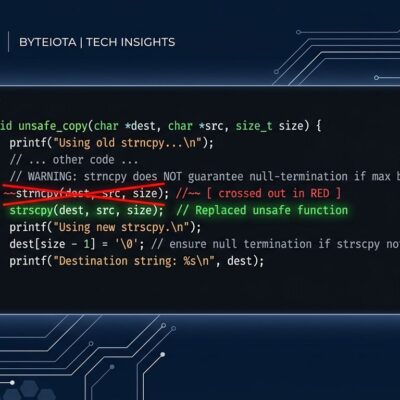 Linux 7.2 RC1 terminal showing strncpy removed and replaced with strscpy in the kernel