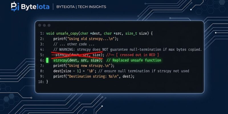 Linux 7.2 RC1 terminal showing strncpy removed and replaced with strscpy in the kernel