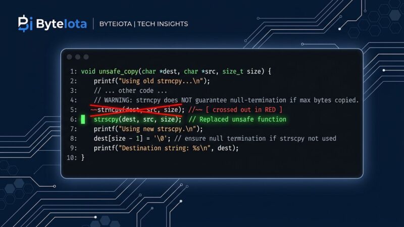 Linux 7.2 RC1 terminal showing strncpy removed and replaced with strscpy in the kernel