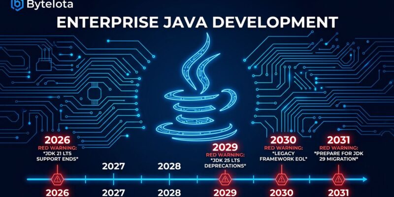 Java LTS support cliff timeline showing Java 11, 17, 8, and 21 end-of-support dates from 2026 to 2032