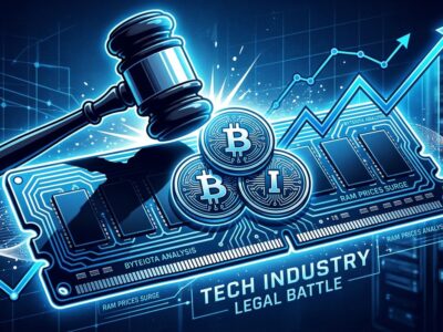 Conceptual illustration of a lawsuit gavel striking a RAM module with upward price chart, representing the DRAM antitrust class action against Samsung, SK Hynix, and Micron