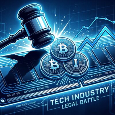 Conceptual illustration of a lawsuit gavel striking a RAM module with upward price chart, representing the DRAM antitrust class action against Samsung, SK Hynix, and Micron