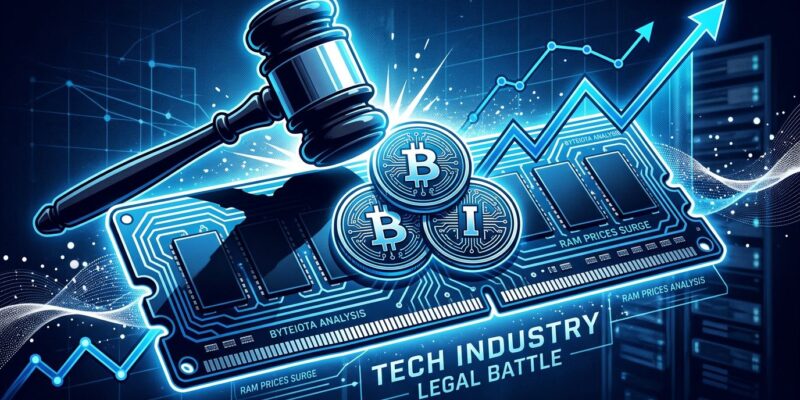 Conceptual illustration of a lawsuit gavel striking a RAM module with upward price chart, representing the DRAM antitrust class action against Samsung, SK Hynix, and Micron