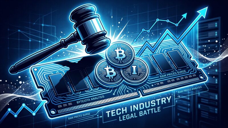 Conceptual illustration of a lawsuit gavel striking a RAM module with upward price chart, representing the DRAM antitrust class action against Samsung, SK Hynix, and Micron