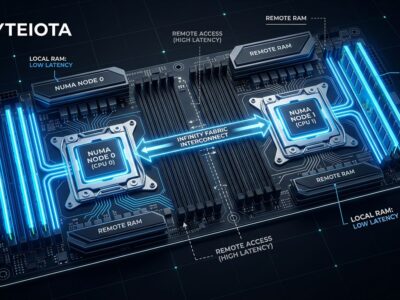 Diagram showing NUMA non-uniform memory access architecture with dual CPU sockets and local vs remote memory latency paths