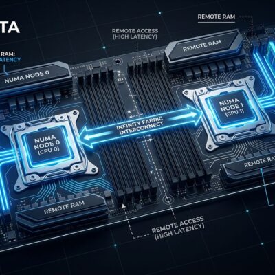 Diagram showing NUMA non-uniform memory access architecture with dual CPU sockets and local vs remote memory latency paths