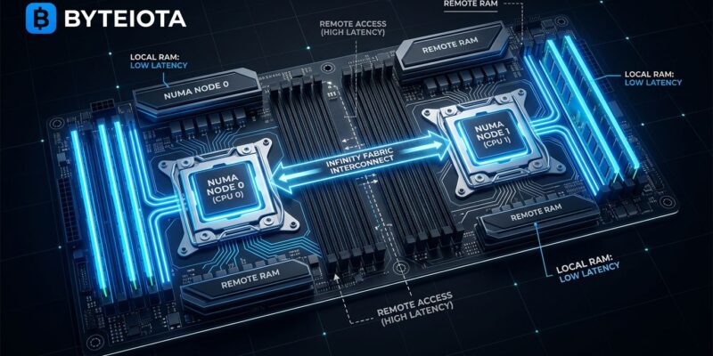 Diagram showing NUMA non-uniform memory access architecture with dual CPU sockets and local vs remote memory latency paths