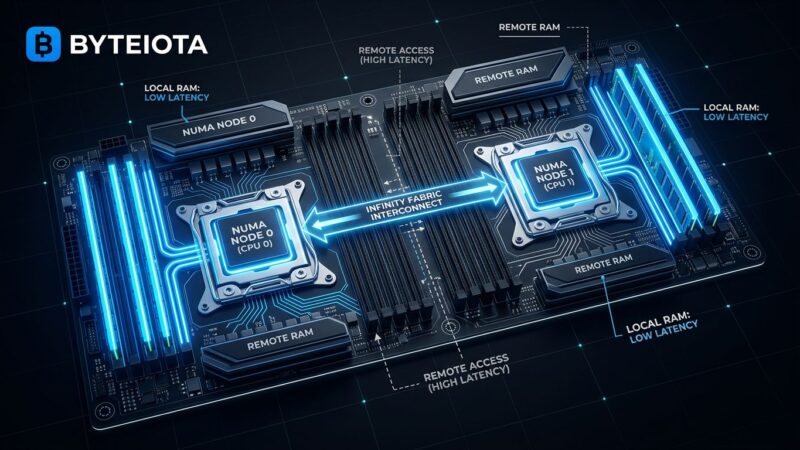 Diagram showing NUMA non-uniform memory access architecture with dual CPU sockets and local vs remote memory latency paths