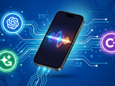 Apple iPhone with Siri waveform connected to Claude, Gemini, and ChatGPT AI model icons via circuit lines on blue background