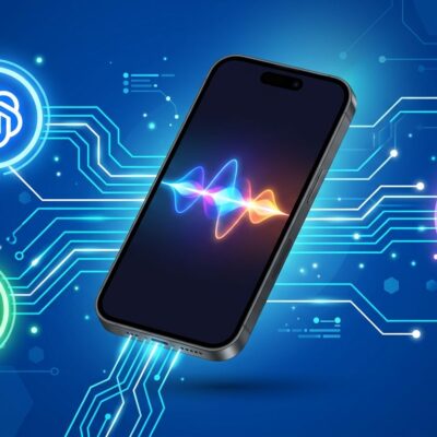 Apple iPhone with Siri waveform connected to Claude, Gemini, and ChatGPT AI model icons via circuit lines on blue background
