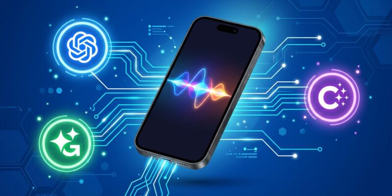 Apple iPhone with Siri waveform connected to Claude, Gemini, and ChatGPT AI model icons via circuit lines on blue background
