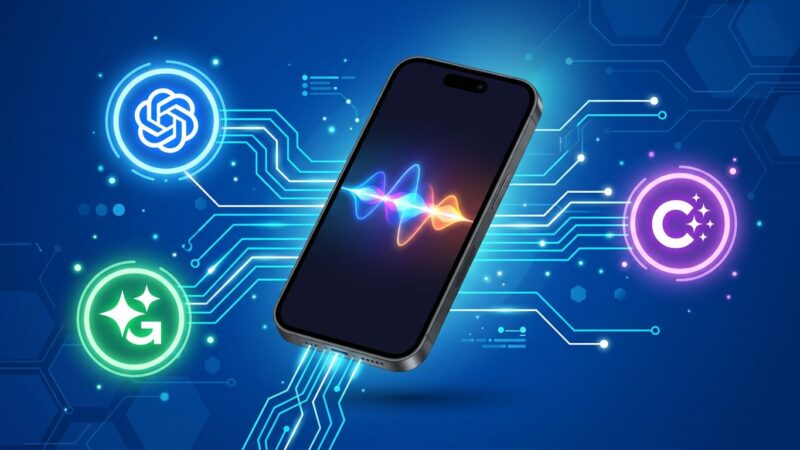Apple iPhone with Siri waveform connected to Claude, Gemini, and ChatGPT AI model icons via circuit lines on blue background