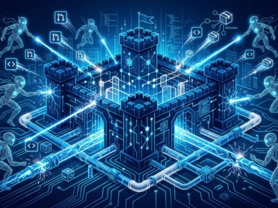 Autonomous AI agent robots breaching developer CI/CD pipeline infrastructure with circuit-board patterns on dark blue background