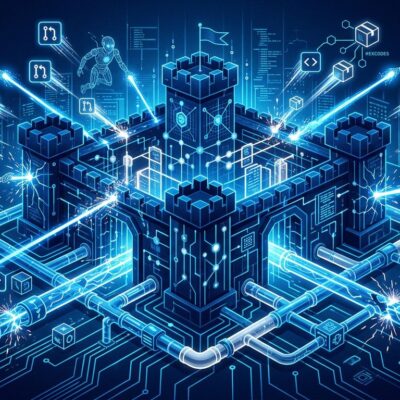 Autonomous AI agent robots breaching developer CI/CD pipeline infrastructure with circuit-board patterns on dark blue background