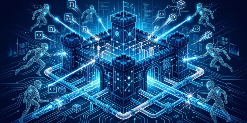 Autonomous AI agent robots breaching developer CI/CD pipeline infrastructure with circuit-board patterns on dark blue background