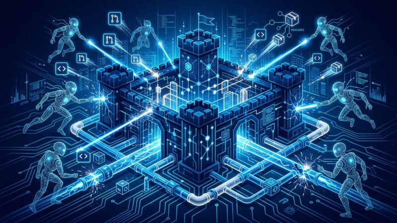 Autonomous AI agent robots breaching developer CI/CD pipeline infrastructure with circuit-board patterns on dark blue background