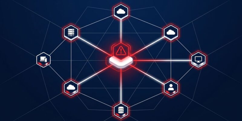 Network diagram showing six ISPs connected through a single shared infrastructure hub with a red security warning indicator, representing the KDDI data breach blast radius