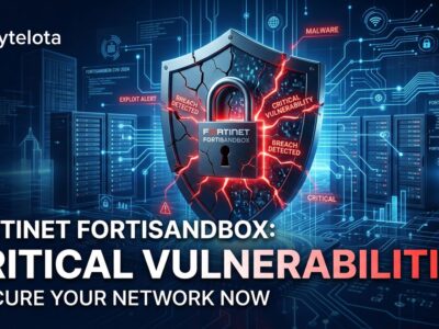 Cracked shield representing FortiSandbox security vulnerabilities with circuit board background in blue and white