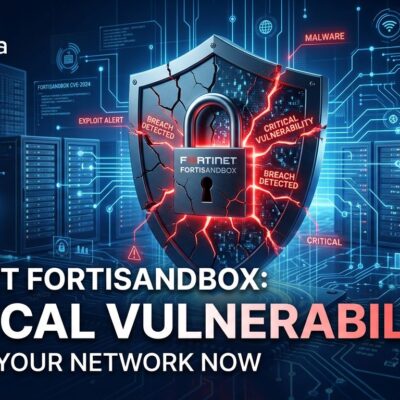 Cracked shield representing FortiSandbox security vulnerabilities with circuit board background in blue and white