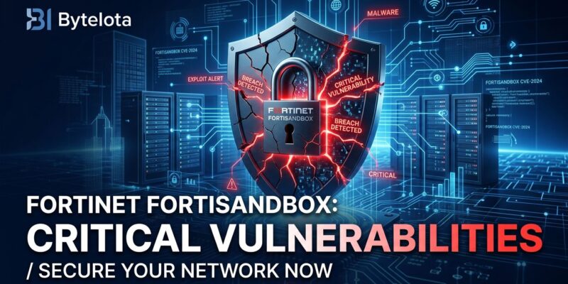 Cracked shield representing FortiSandbox security vulnerabilities with circuit board background in blue and white