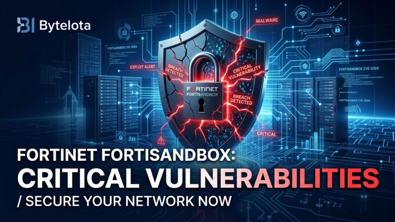 Cracked shield representing FortiSandbox security vulnerabilities with circuit board background in blue and white
